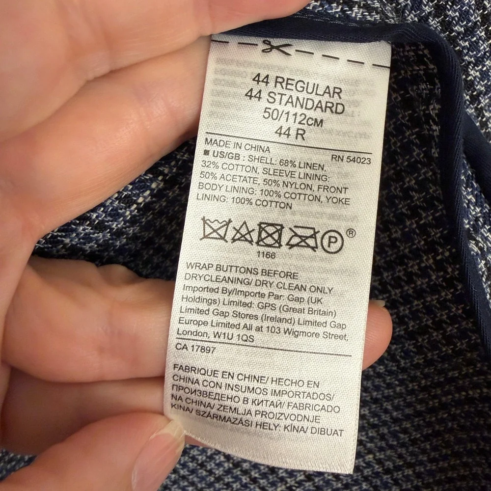 Banana Republic Blazer Mens 44R Blue Houndstooth Linen Blend Sport Coat Tailored